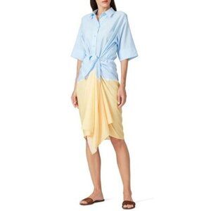 TOME Dress Size 8 Blue Yellow Patchwork Tie Dye Midi Front Tie Shirt Collar